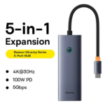 Baseus Ultra Joy Series 5 Port USB 3.0 x 4 + HDMI 4K x 1 USB-C Hub Adapter - Image 2