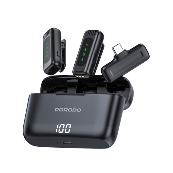 Porodo Lavalier Double Microphones Type-C Connector with Lightning Adapter and Charging Case